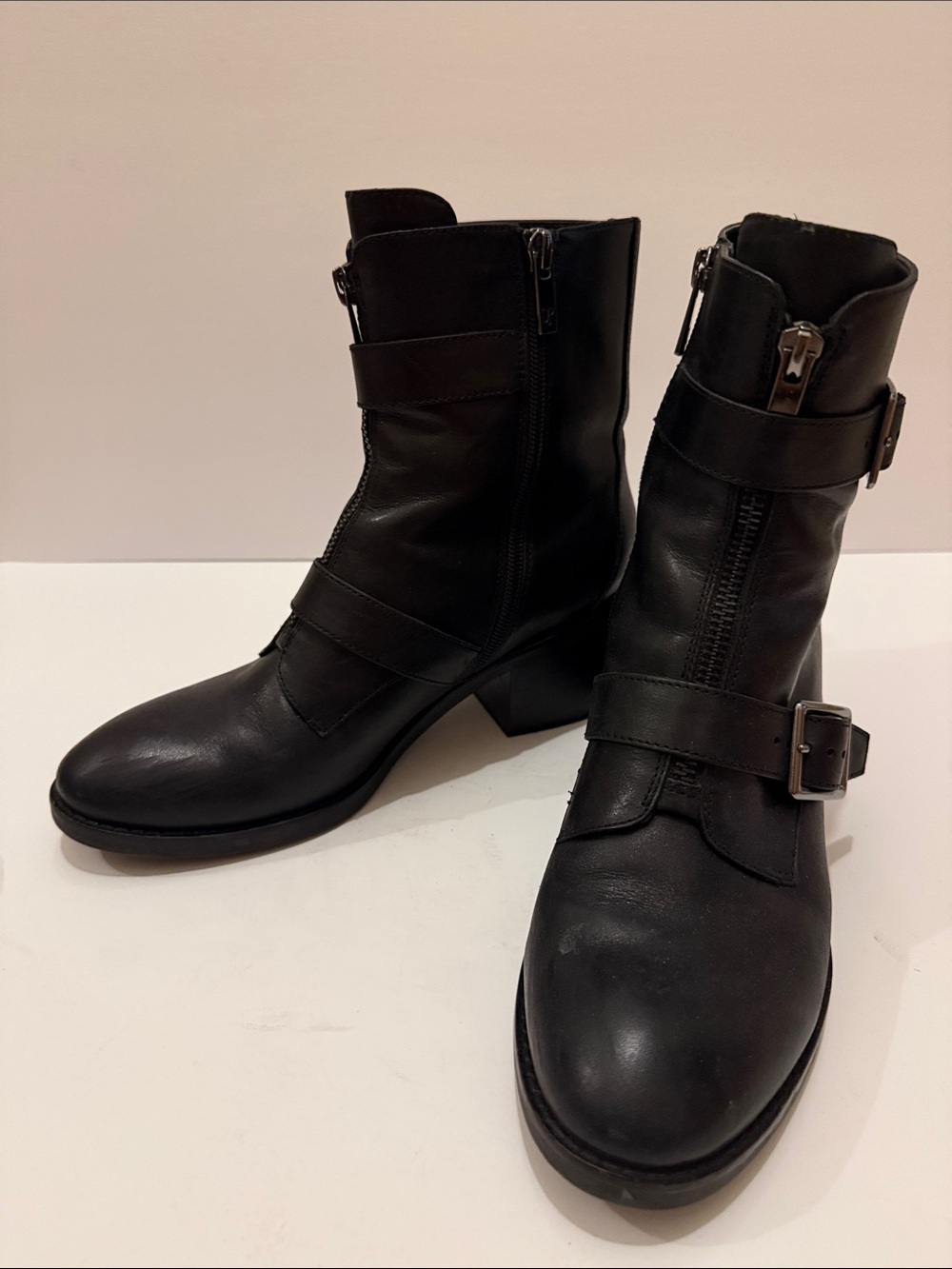 Donald J. Pliner Black Leather Buckle Moto Ankle Boots